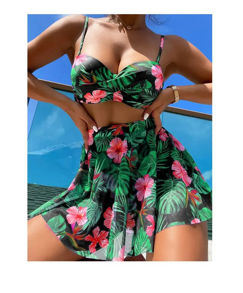 Cikini-Women's Tropical Print Push Up Bikinis Set, Swimsuit with Beach Skirt, Swimwear, Summer Bathing Suit
