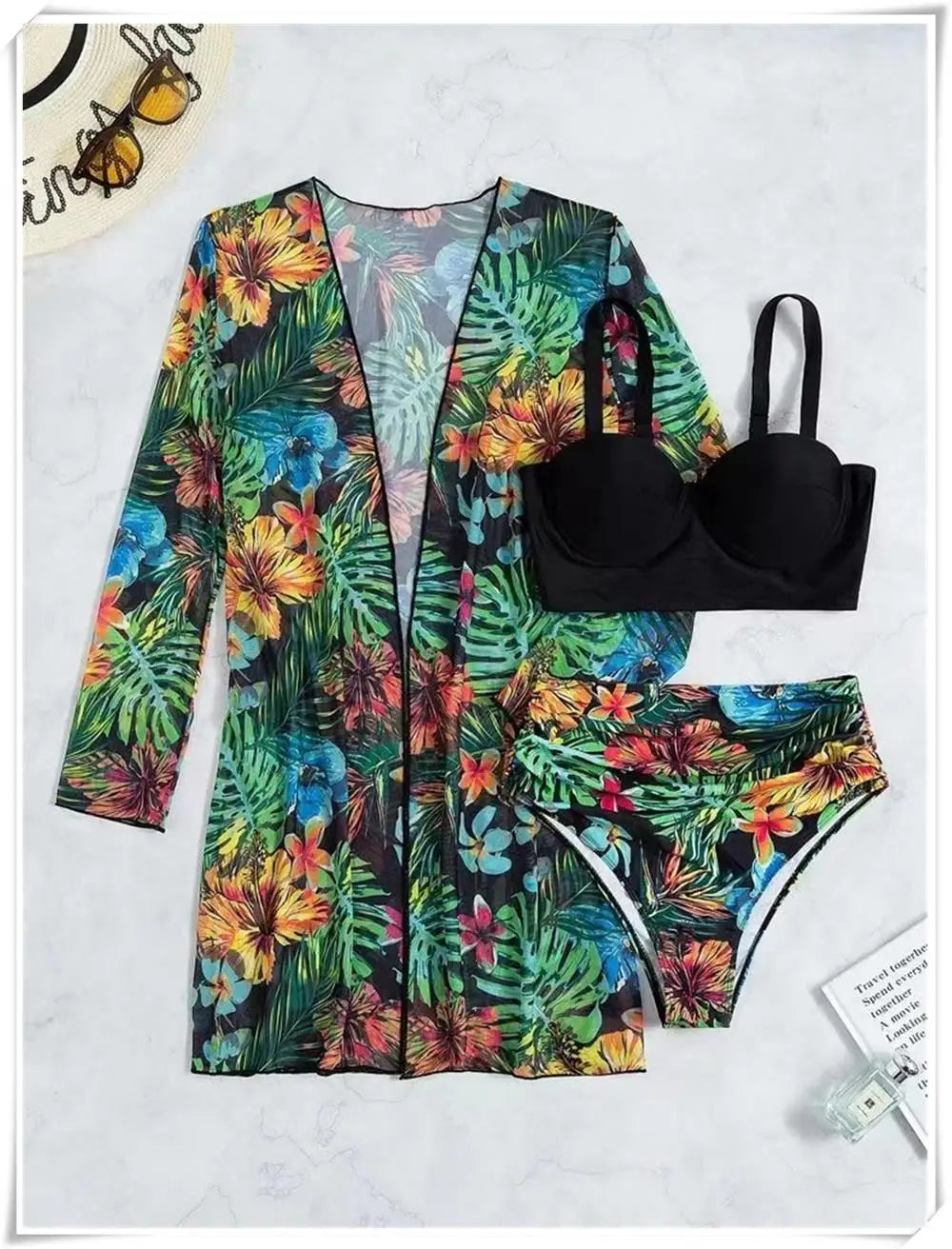 3 Piece Bikini Set Women Cover Up Swimwear Female Tropical Printed Swimsuit Push Up Beachwear Long Sleeve Bathing Suit