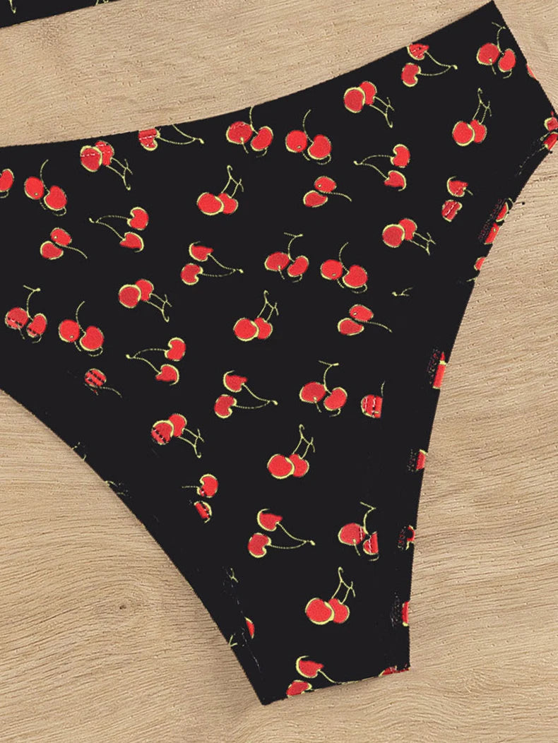 Black Cherry Print Bikini Set Women Tie Up Strap V Neck Push Up High Waist Swimsuit Cut Out Bathing Suit Two Piece Swimwear