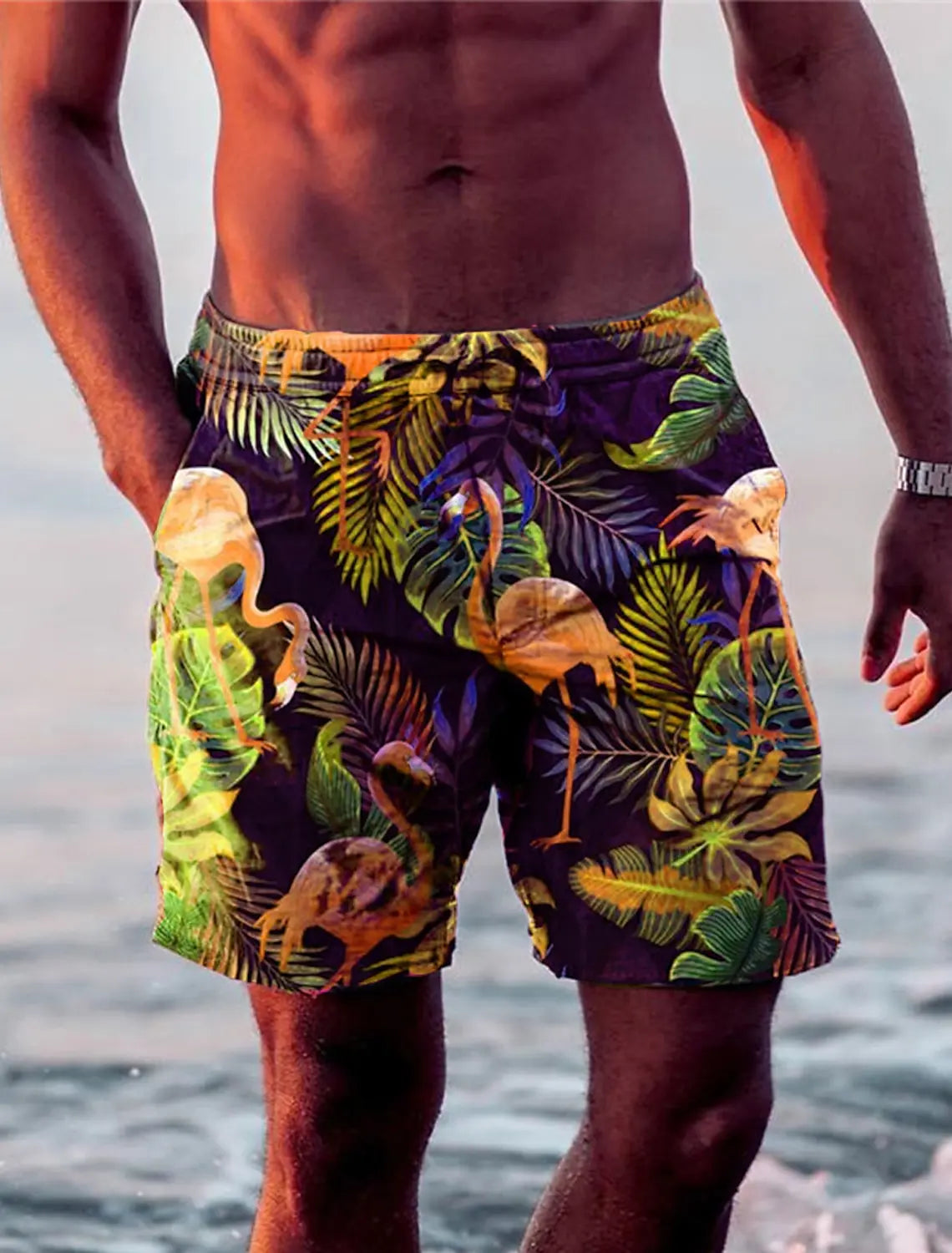 Men's Shorts Swim Trunks Drawstring Leaf Flamingo Graphics Quick Dry Short Casual Holiday Hawaiian Micro-elastic