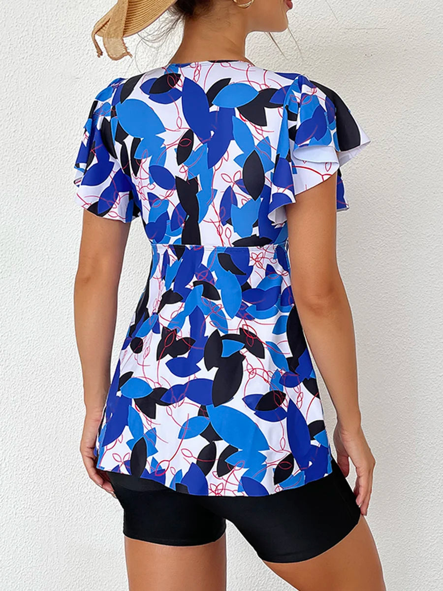 Printed Tankini Set Two Piece Swimsuit Women Tie Front Drawstring Swimwear Female Bathing Swimming Suit Beachwear Summer