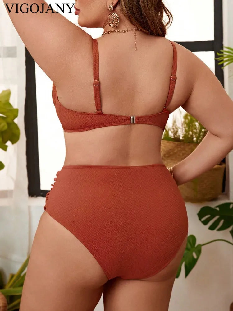 Solid 2 Piece Plus Size Bikini Set Women Strapped Push Up Large Big Swimsuit High Waist Bathing Suit