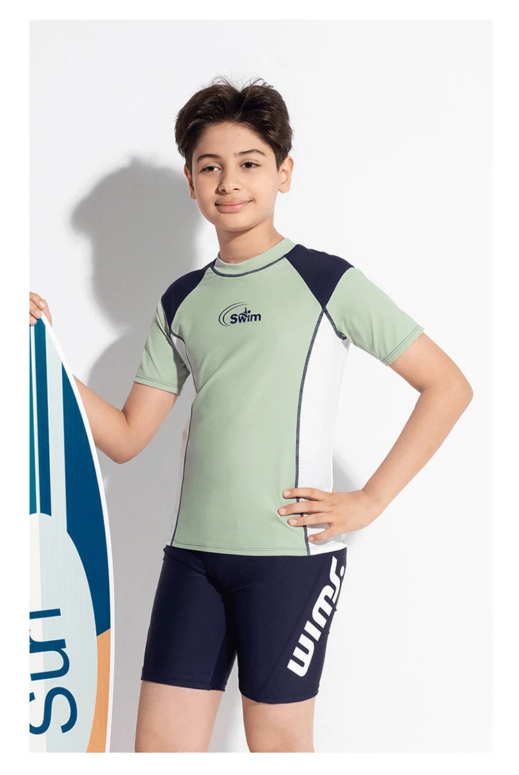 Boy Swimwear Short Shirt Two Piece Short Sleeve Solid Patchwork Teenager Children Kids Swimming Beach Wear 2024 9-16 years