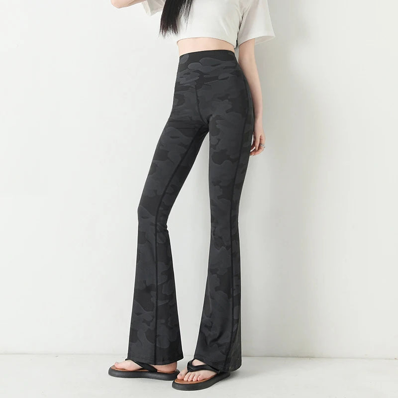 Spring/Summer Thin Camouflage Sharkskin Flared Leggings Women Fashion Tight Slimming Elastic Flared Pants