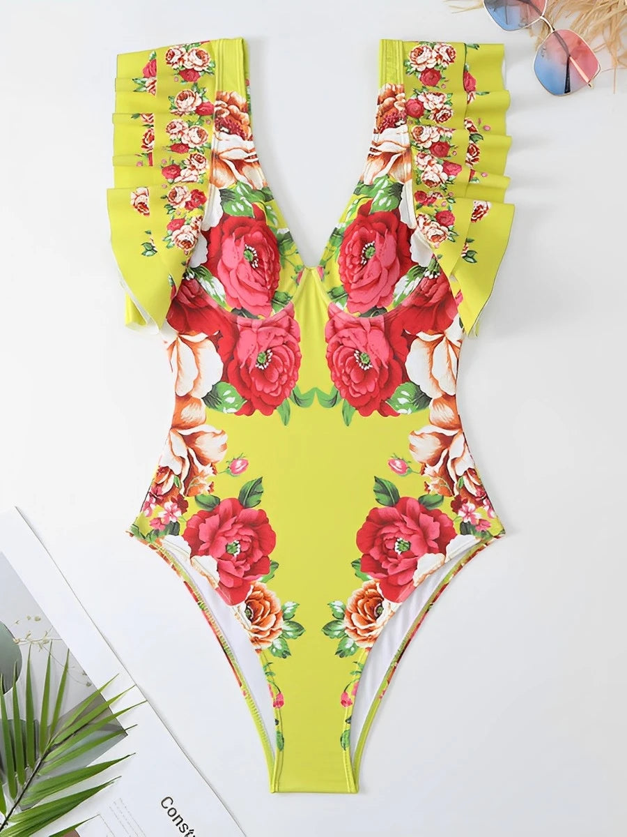 Ruffle Push Up Swimwear Women One Piece Floral Swimsuit Vintage Bather Bathing Swimming Swim Suit Beachwear Summer Bodysuit