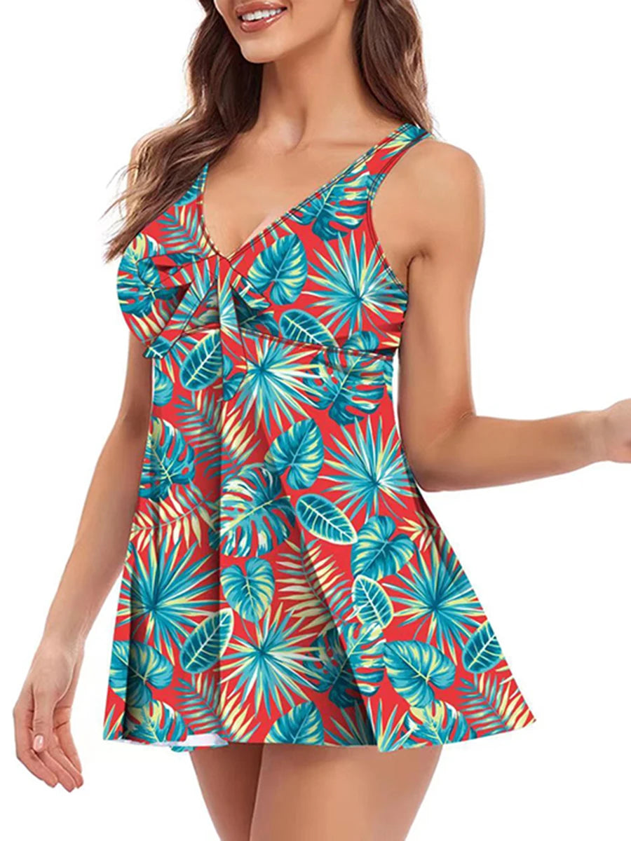 Leaves Printed Tankini Set Two Piece Swimsuit Dress Women Tie Front Swimwear Female Bathing Swimming Suit Beachwear Summer