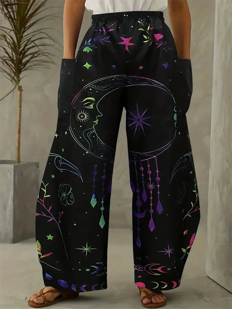 Simple Star And Moon Abstract Sun Print Pants Fashionable European And American Ladies Wide-leg Pants Delicate And Elegant Pants
