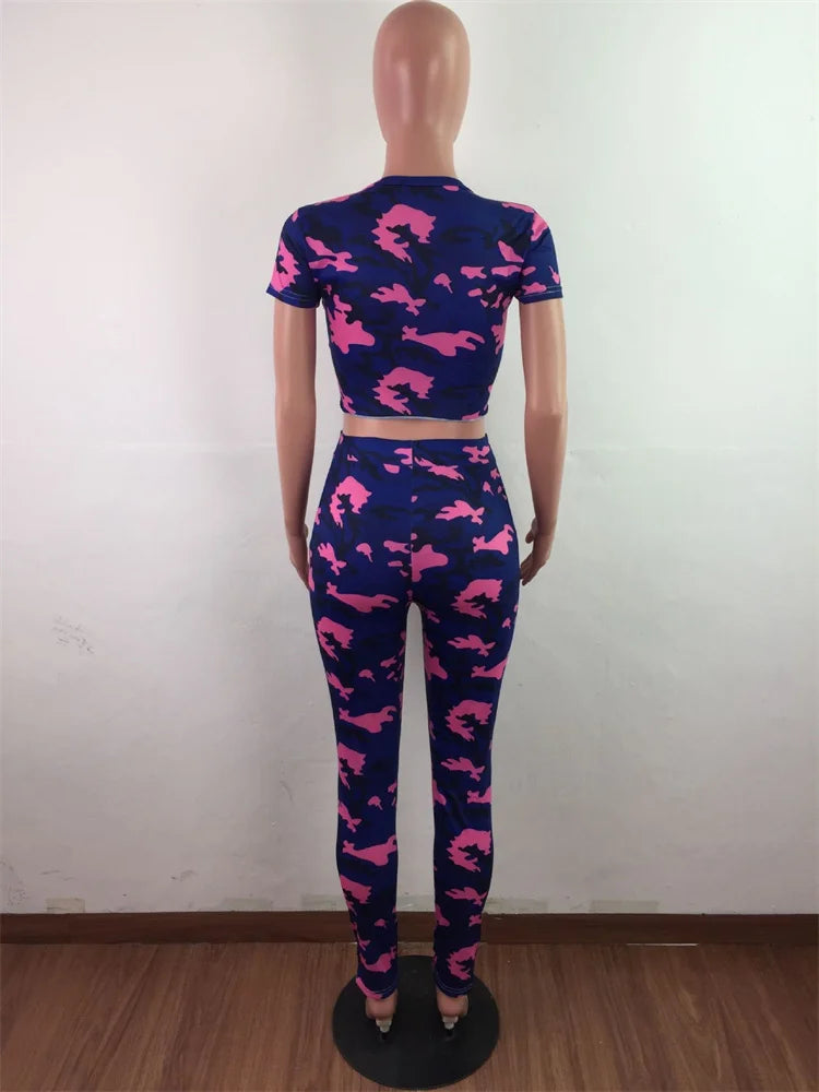 Wmstar Women Two Piece Set Summer Sport Fashion Casual Ripped Sweatshirt Sweat Camouflage Print Pant Sets Outfit Tracksuit