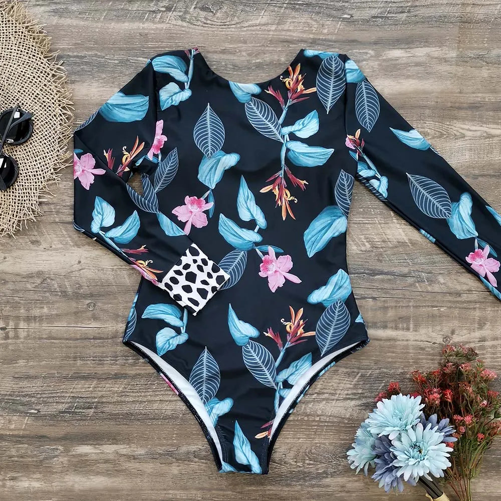Surfing Sport Long Sleeves Swimsuit For Women Floral Printed High Quality Swimwear Patchwork Bathing Suit Tropical Summer