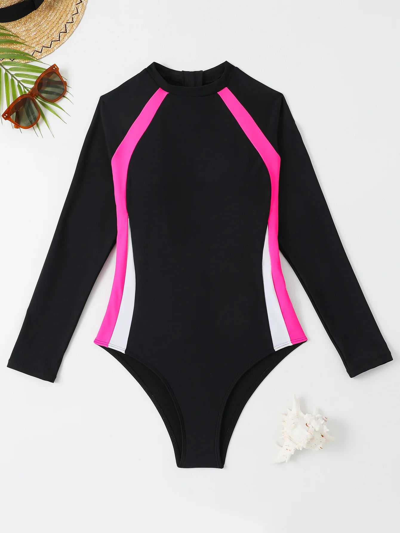 Solid Patchwork Swimwear Women Long Sleeve One Piece Swimsuit Monokini Backless Hollow Summer Bathing Suit