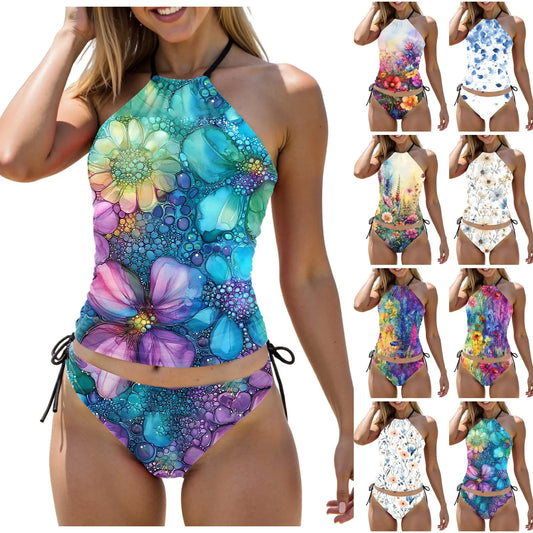 Women's Vintage Floral Print Swimwear Backless Hanging Neck Conservative Tops Mid Waist Side Drawstring Fast Drying Shorts