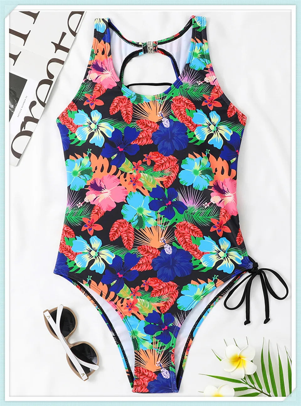 Lace Up Back Swimsuit One Piece Printed Swimwear Women Backless Bathing Swimming Suit Female Padded Beachwear Bodysuit