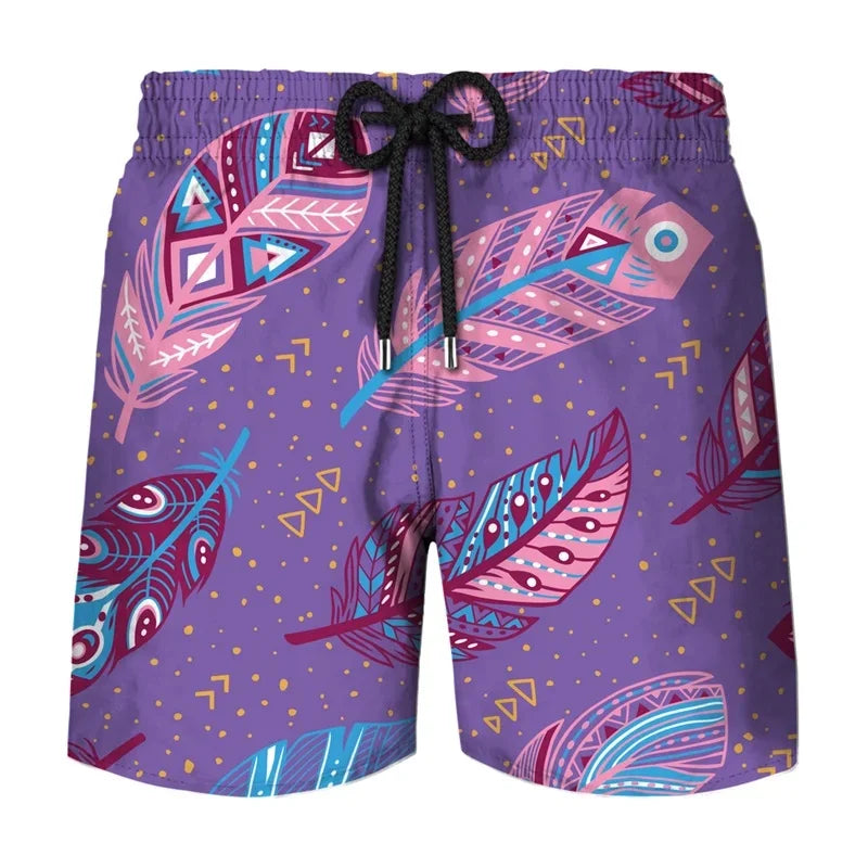 Flower Leaf Graphic Swim Trunks For Men Ethnic Feathers 3D Printed Short Pants Summer Loose Harajuku Sport Street Board Shorts