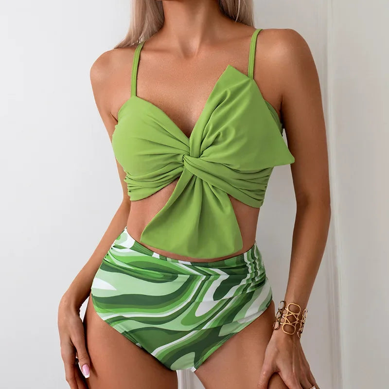 Women Flower Printed Separated Bikini Set Fashion Bow Tie Style High Waist Swimwear Shorts Beach Wear