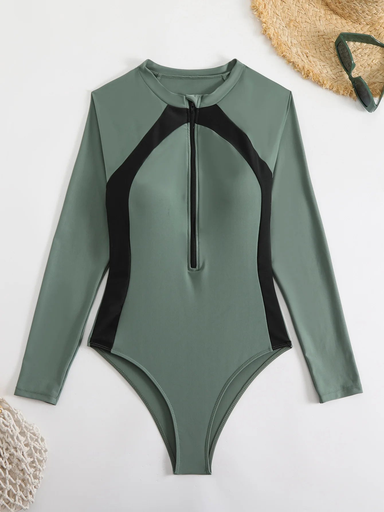 Zipper One Piece Swimsuit Closed Print Long Sleeve Swimwear Sports Surfing Women's Swimming Bathing Suit Beach Bather