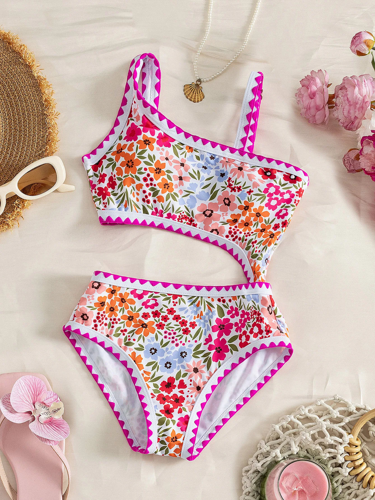Girls Swimsuit Floral One Piece Swimwear for Kids Hollow-out Beachwear Beach Bathing Suit