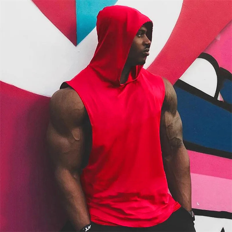 With Hat Gym T-shirt Man Sleeveless Sweatshirt Gym Clothing Men Bodybuilding Clothes Men's Singlet Fitness Vest Singlets Tops