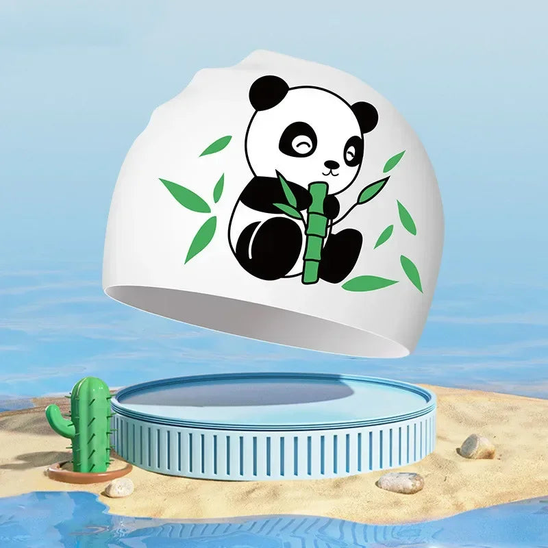 Boys Girls Swim Caps Cute Cartoon Panda Silicone Simming Hat High Elastic Waterproof Kids Swimming Pool Accessories Swim Hat