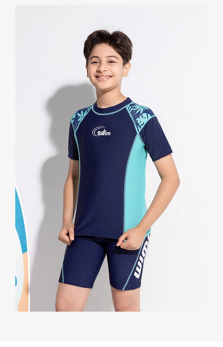 Boy Swimwear Short Shirt Two Piece Short Sleeve Solid Patchwork Teenager Children Kids Swimming Beach Wear 2024 9-16 years