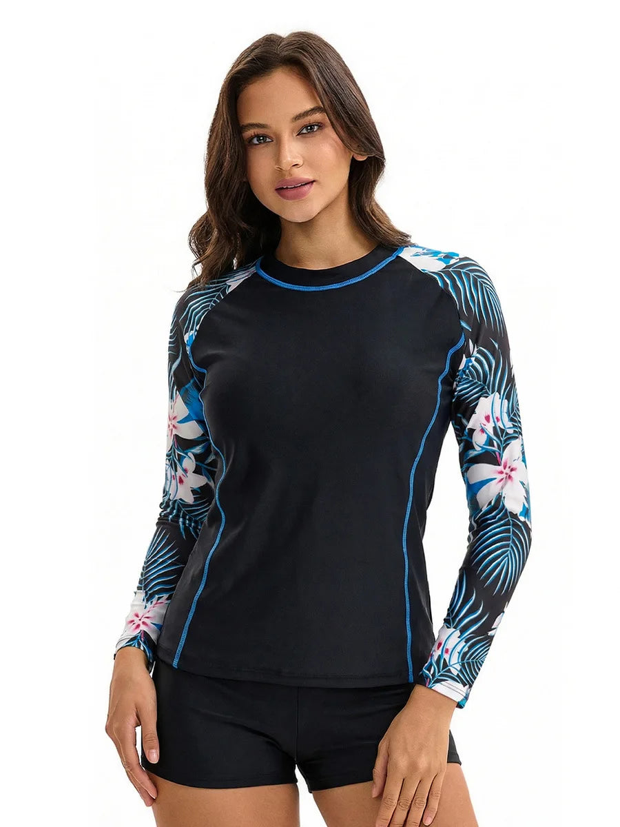 Printed Women Long Sleeve Rash Guard Swimsuit Conservative Sun Protection High Waist Boy Shorts Two Piece Swimwear Bathing