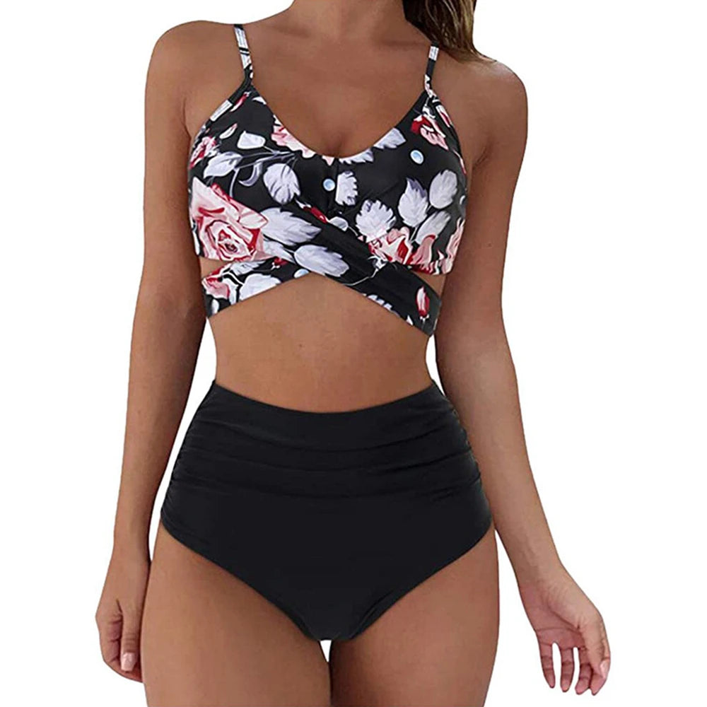 Bikini Two Piece Suit Cross Front Slim High Waisted Bottom Solid/Print Breathable Quick Drying Beachwear