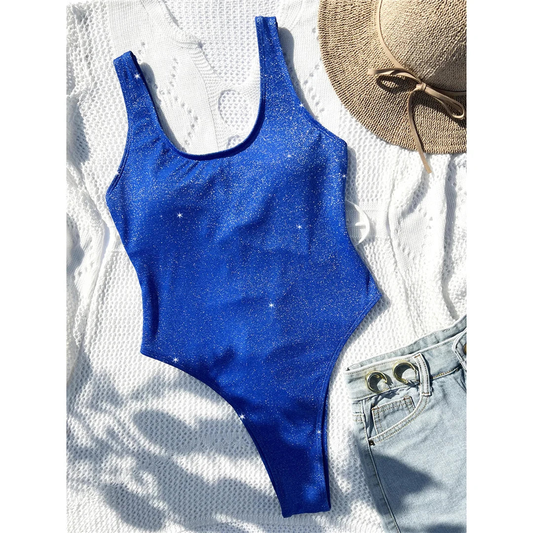 Glitter Sparkling Lace Up Backless One Piece Swimsuit Women Swimwear Female High Cut Bather Bathing Suit Swim Lady