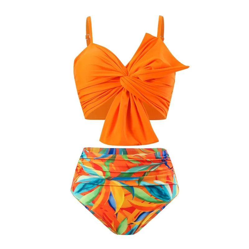 Women Flower Printed Separated Bikini Set Fashion Bow Tie Style High Waist Swimwear Shorts Beach Wear