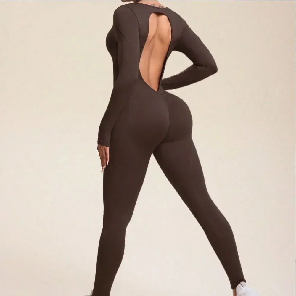Women's Square-Neck Long-Sleeve Open-Back Workout Jumpsuit