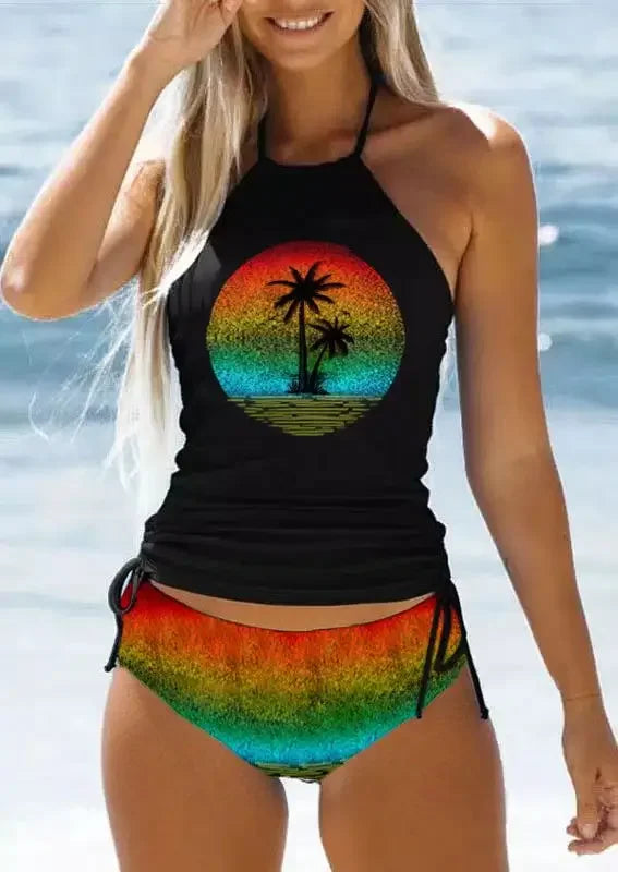 Women's Bathing Suit Coconut Drawstring Side Halter Neck Tankini Set Summer Beach Wear Cute Swimwear Women Swimsuit Bikini