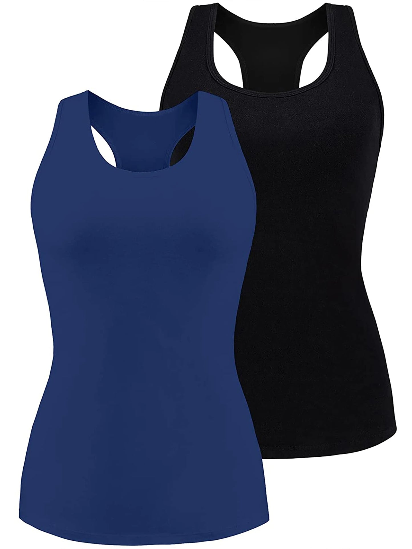 Attraco Women's Camisole 2PCS Cotton Solid with Build-in Shelf Bra Tank Tops U-Neck Soft Breathable Basic Sleepwear