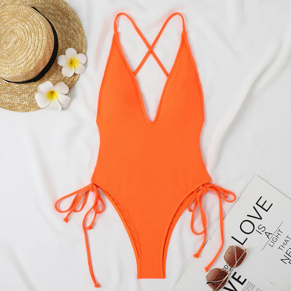 Solid Swimwear Women Strapped Push Up One Piece Swimsuit Beach Lady Monokini Cross Backless Bathing Suit