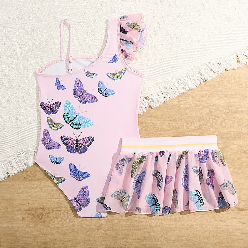 Butterfly Print Girls One Piece Swimsuit 4-7 Year Kids Swim Suit Infant Children's Swimwear 2025 Pink Bathing Suits with Skirt