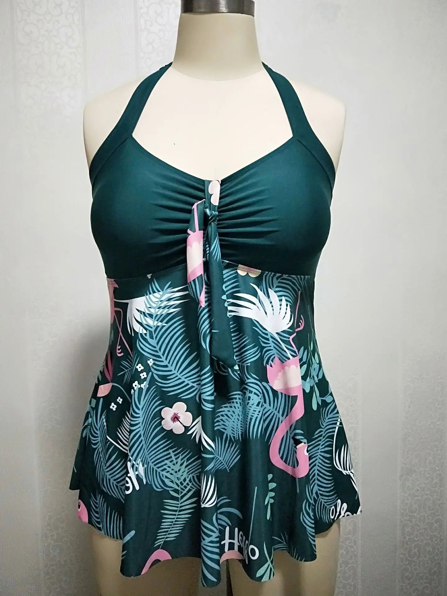 Flaming Tropical Print 2 Piece Plus Size Tankini Set Women Halter Curvy Dress Swimsuit High Waist Beach Lady Big Bathing Suit