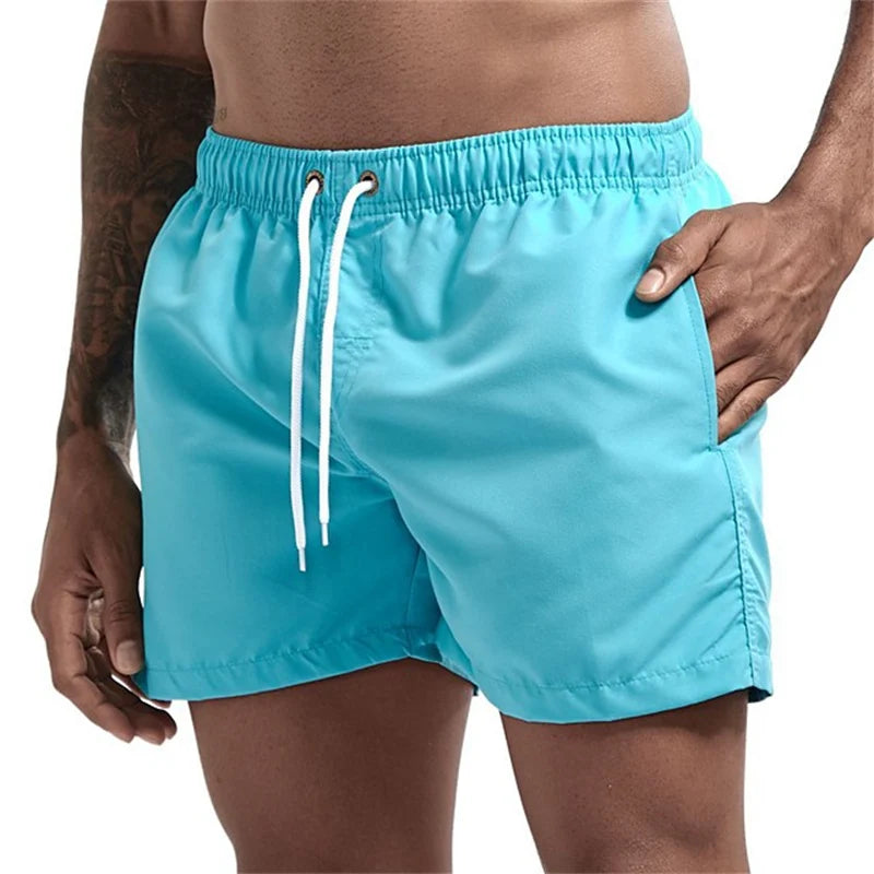 Mens Swim Trunks with Mesh Lining Side Pockets Solid Beach Shorts Quick Dry Lightweight Drawstring Board Shorts Summer Swimwear