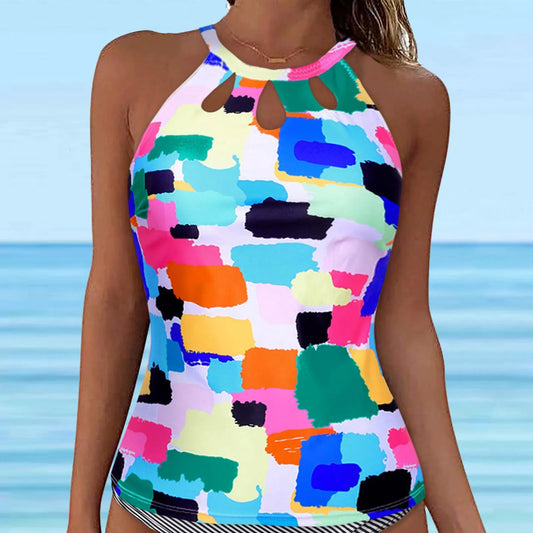 Women Retro Flower Printed Lace Up Swimwear Tankinis Tops Underwire Full Coverage Bikini Top Sleeveless Push Up Bikini