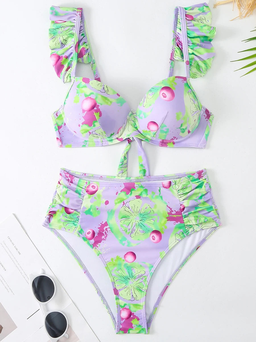 Push Up Print Ruffle Bikini Women Swimsuit Female Padded Swimwear Bathers Bathing Swimming Swim Suit Summer Beachwear