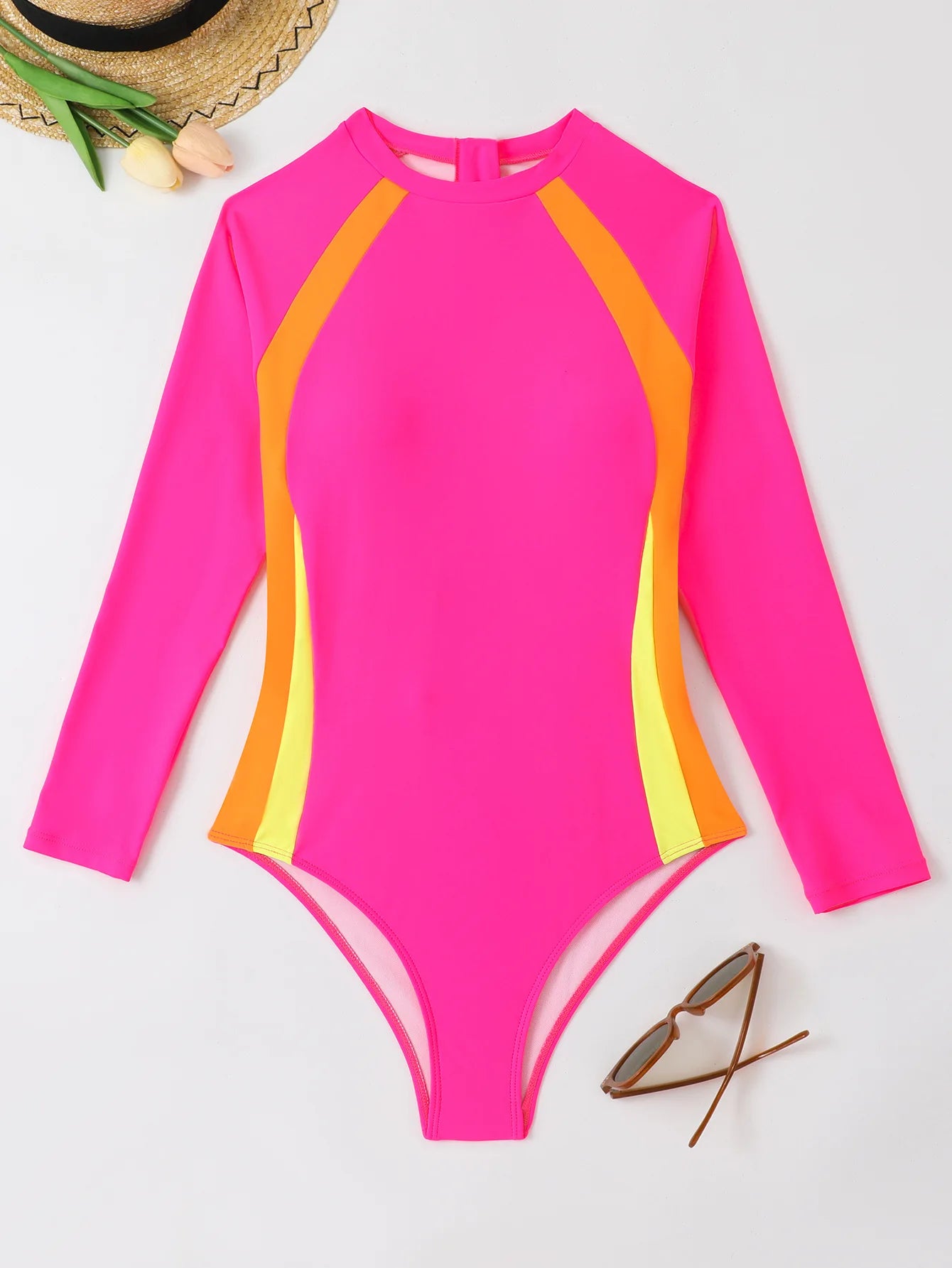 Solid Patchwork Swimwear Women Long Sleeve One Piece Swimsuit Monokini Backless Hollow Summer Bathing Suit