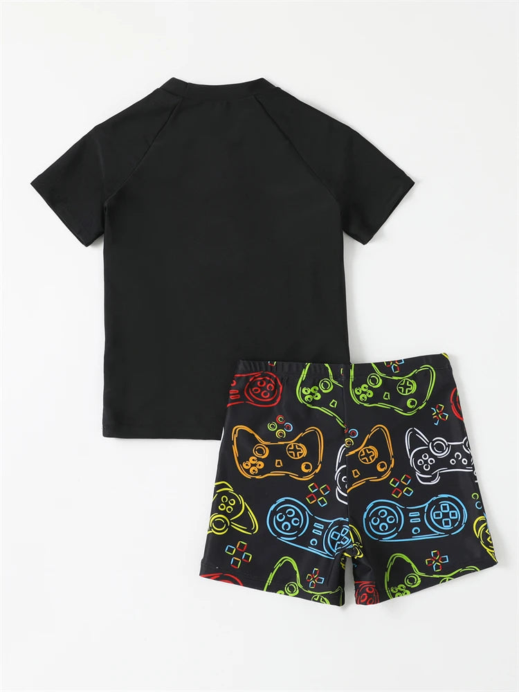 Boy Swimsuit Graffiti Print Short Sleeve Children Swimwear Summer Two Piece Kids Beach Wear Swimming Bathing Suit Boys