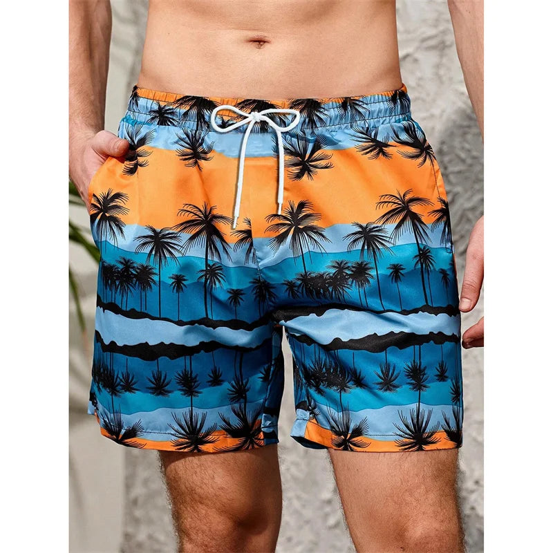 Coconut Tree Pattern Beach Shorts For Men Fishbone 3D Printed Swim Trunks Summer Street Surf Board Shorts Vacation Short Pants