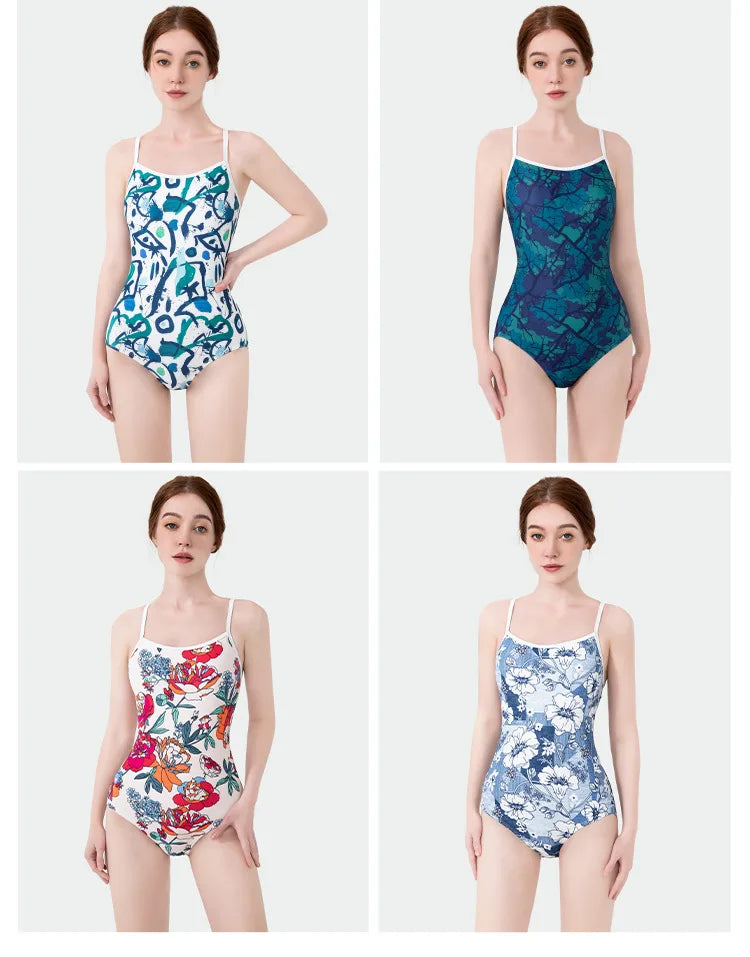 Women Vintage Racing One-piece Swimwear Sun Protection Professional Competition Flower Printed Swimsuit Training Bikini
