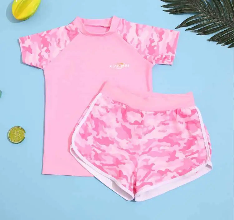 Children's Camouflage Print Swimsuit, Two Pieces Swimsuit, Sports Swimwear, Korean Version, Girls Fashion