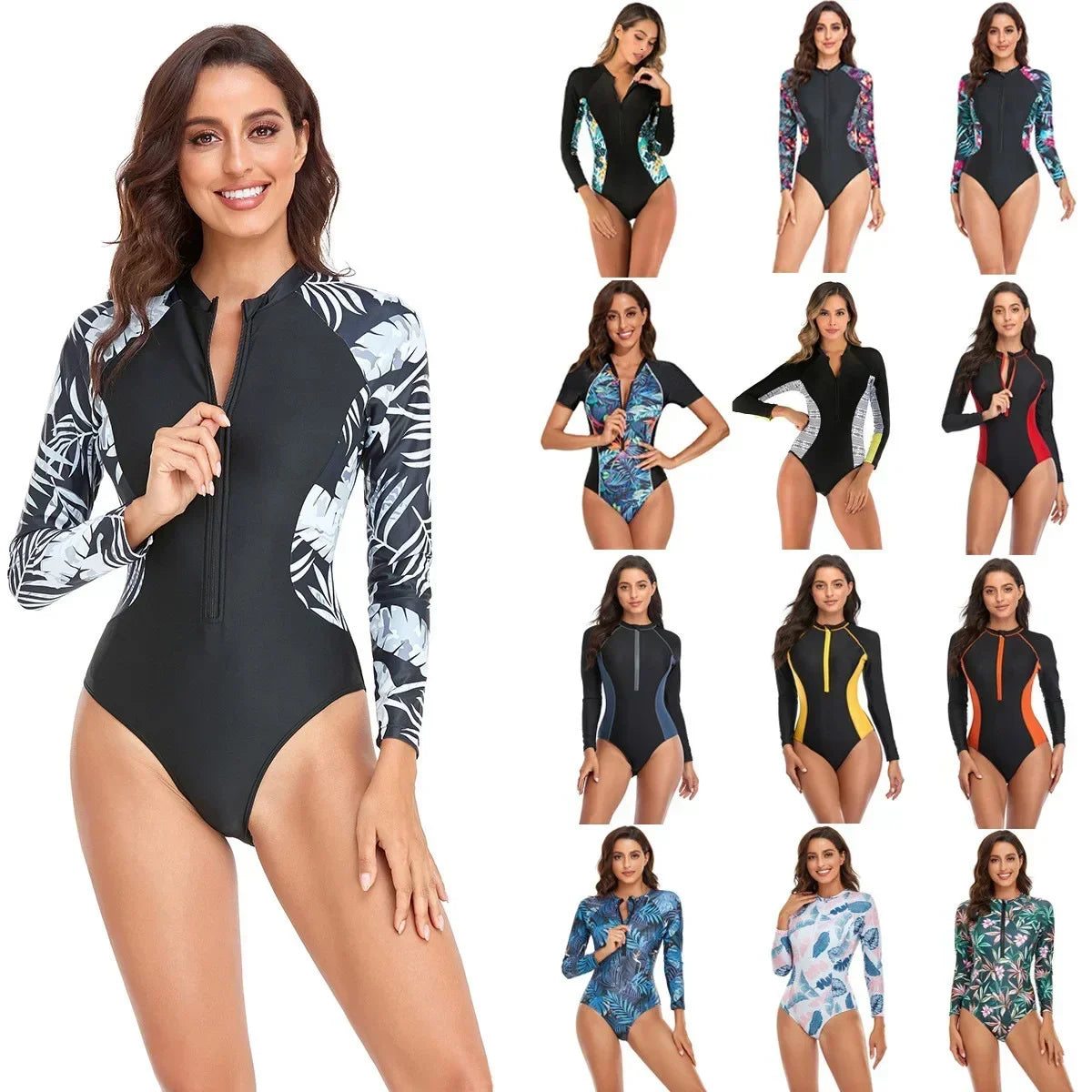 Surf Long Sleeve Swimsuit Rash Guard Swimwear Women Zipper One Piece Diving Clothes Leaves Printed Bathing Swimming Suit