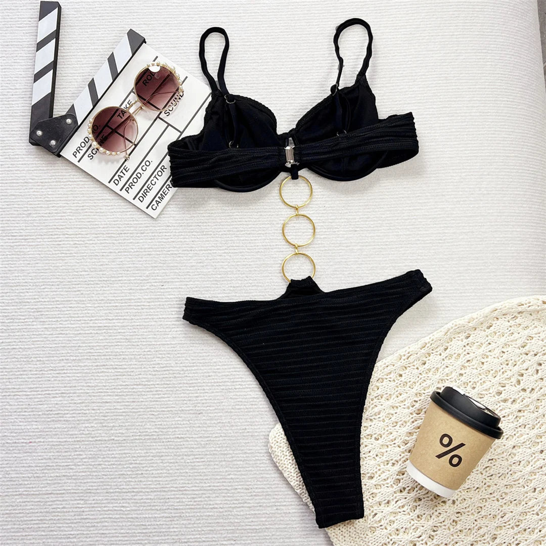 Metal Rings Wrinkled Underwired One Piece Swimsuit Women Swimwear Female Monokini High Cut Leg Bather Bathing Suit Swim