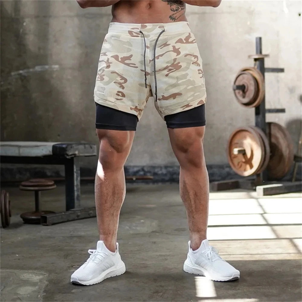 Camouflage running shorts for men's gym sports shorts 2-in-1 quick drying exercise training gym fitness jogging shorts for summer