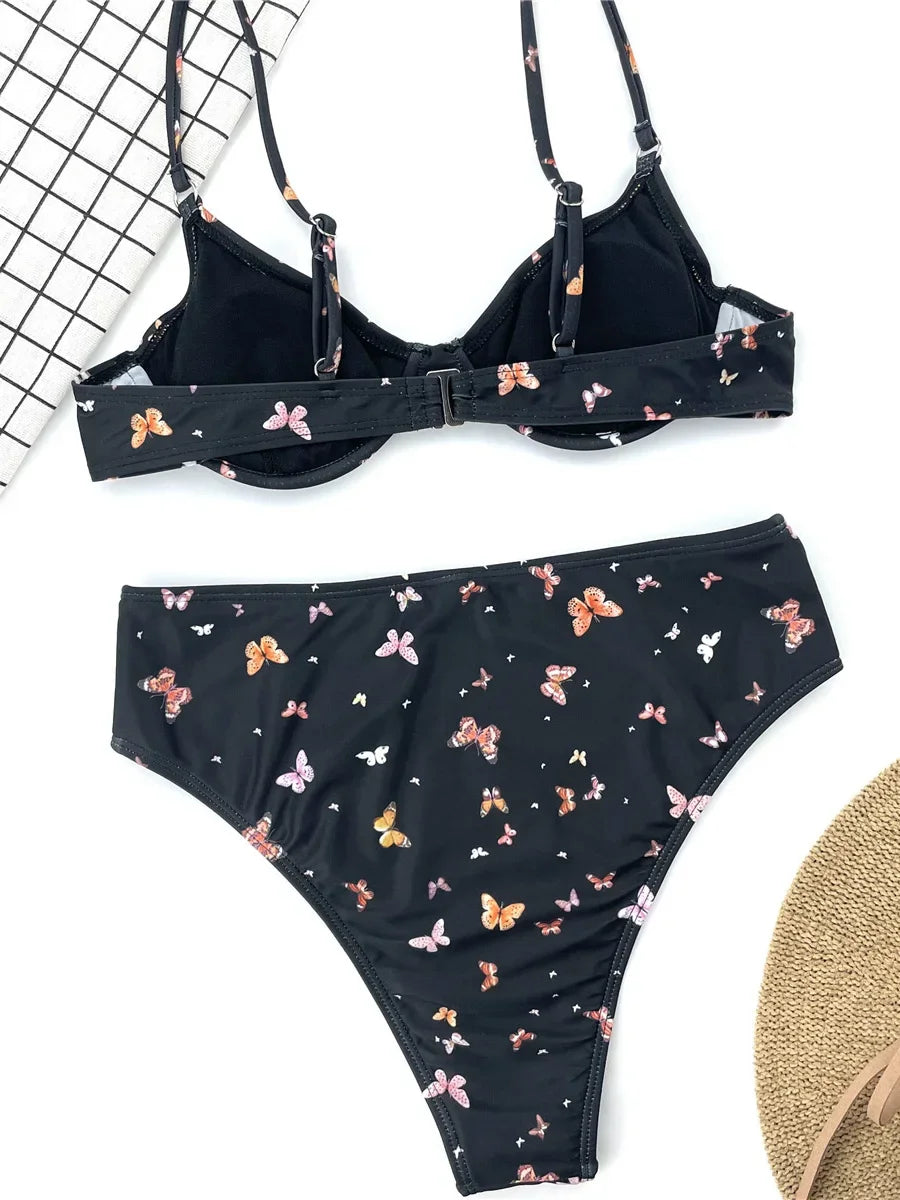Underwired Butterfly Print High Waist Bikini Women Swimsuit Female Swimwear Two-pieces Bikini Set Push Up Bathing Suit Swim Lady