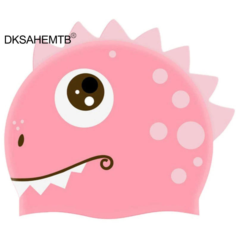 Cartoon Silicone Swimming Cap Waterproof Dinosaur Long Hair Sports Swim Pool Hat Adults & Children Elastic Swimming Cap