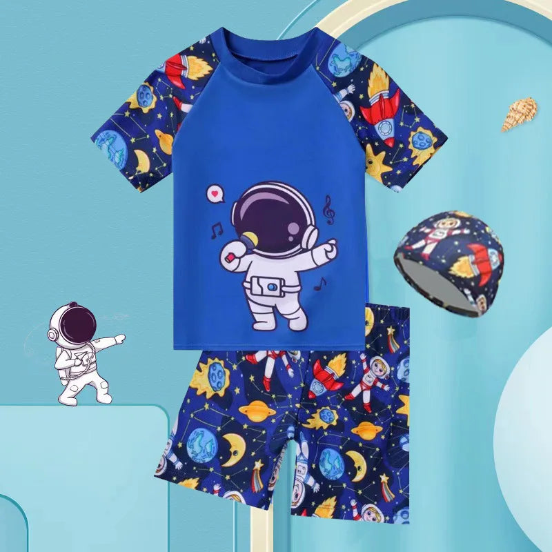 Summer Set Cartoon Print Kids Boys Swimwear Children's Swimsuit Surfing Suit Swimming Clothes For Boy Beachwear with Hat