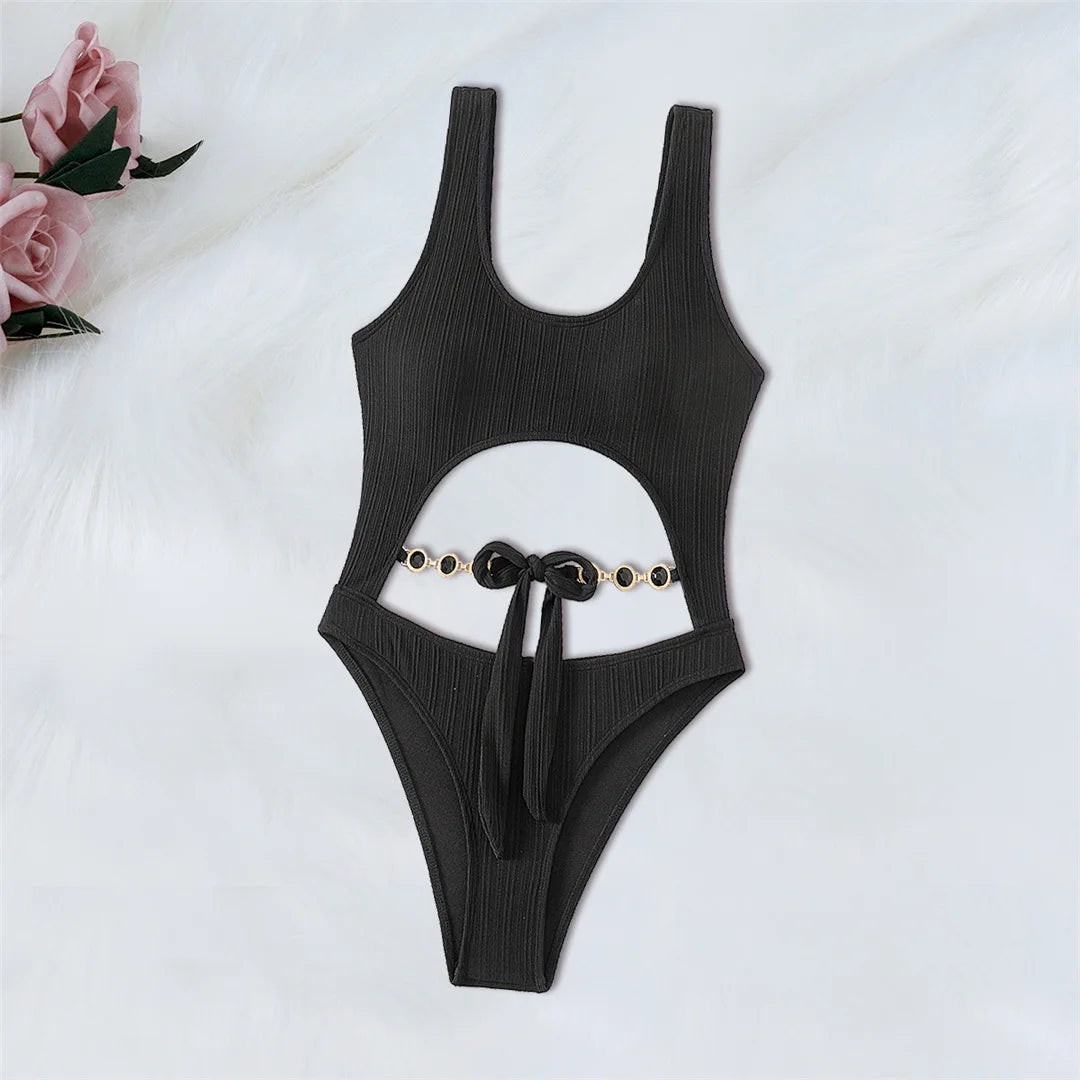 Diamond Rhinestones Tummy Cut Out One Piece Swimsuit Women Swimwear Female Knotted High Leg Cut Bather Bathing Suit Swim