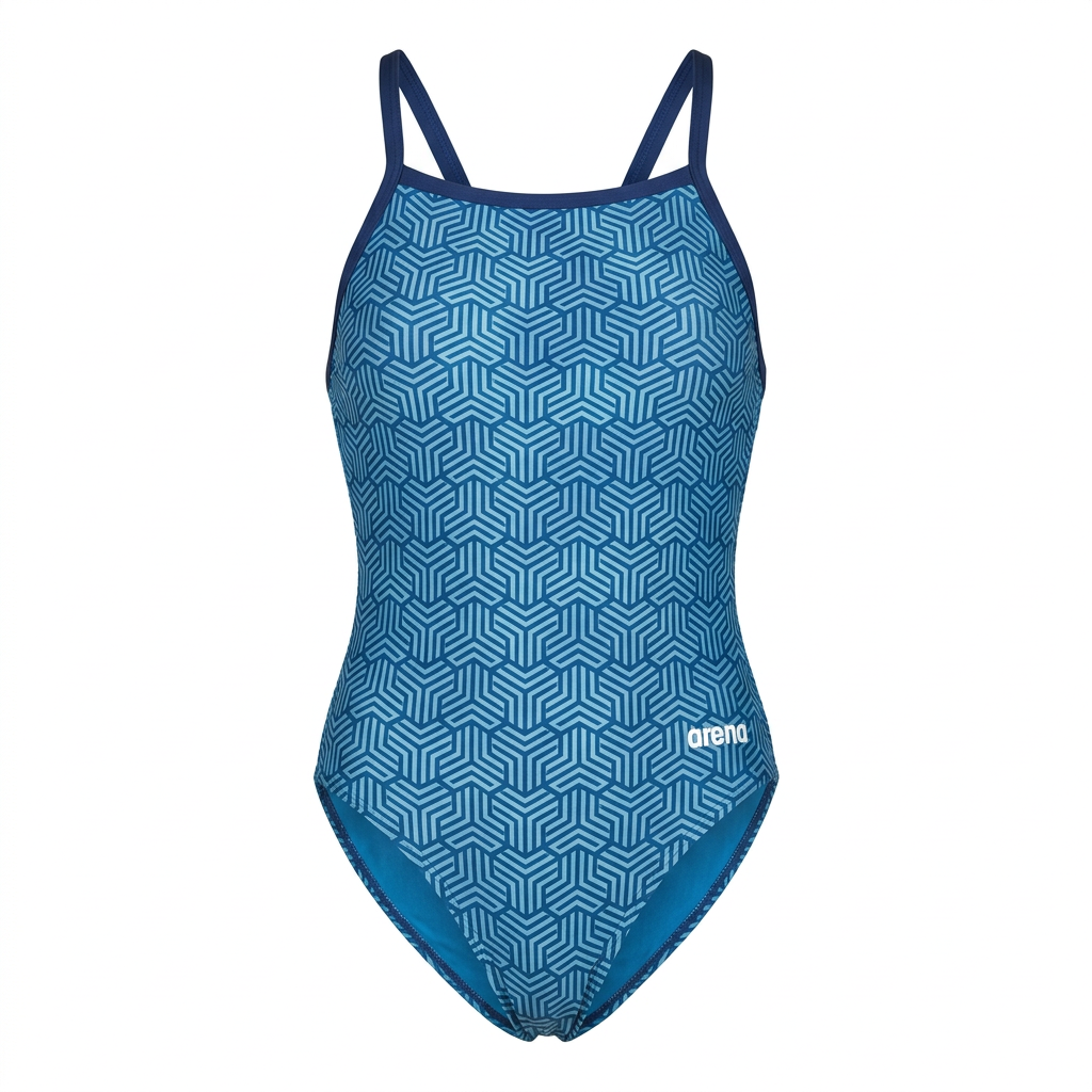 Dark blue geometric one-piece swimsuit, studio view