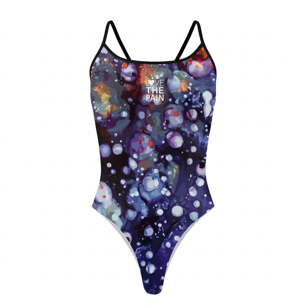 Purple and navy small bubble-print swimsuit, studio view